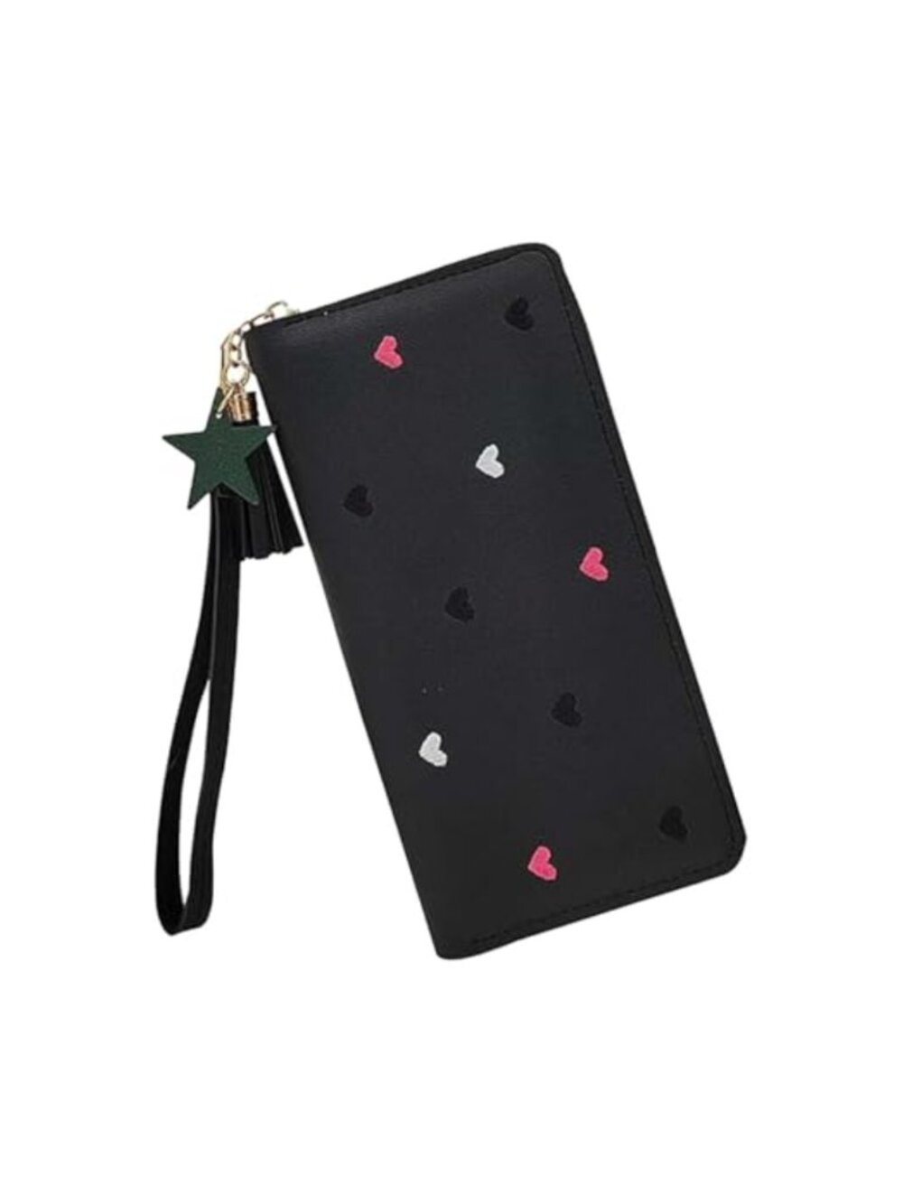 Faux Leather Wallet with Star Tassel Pendant, Embroidery Heart Pattern,